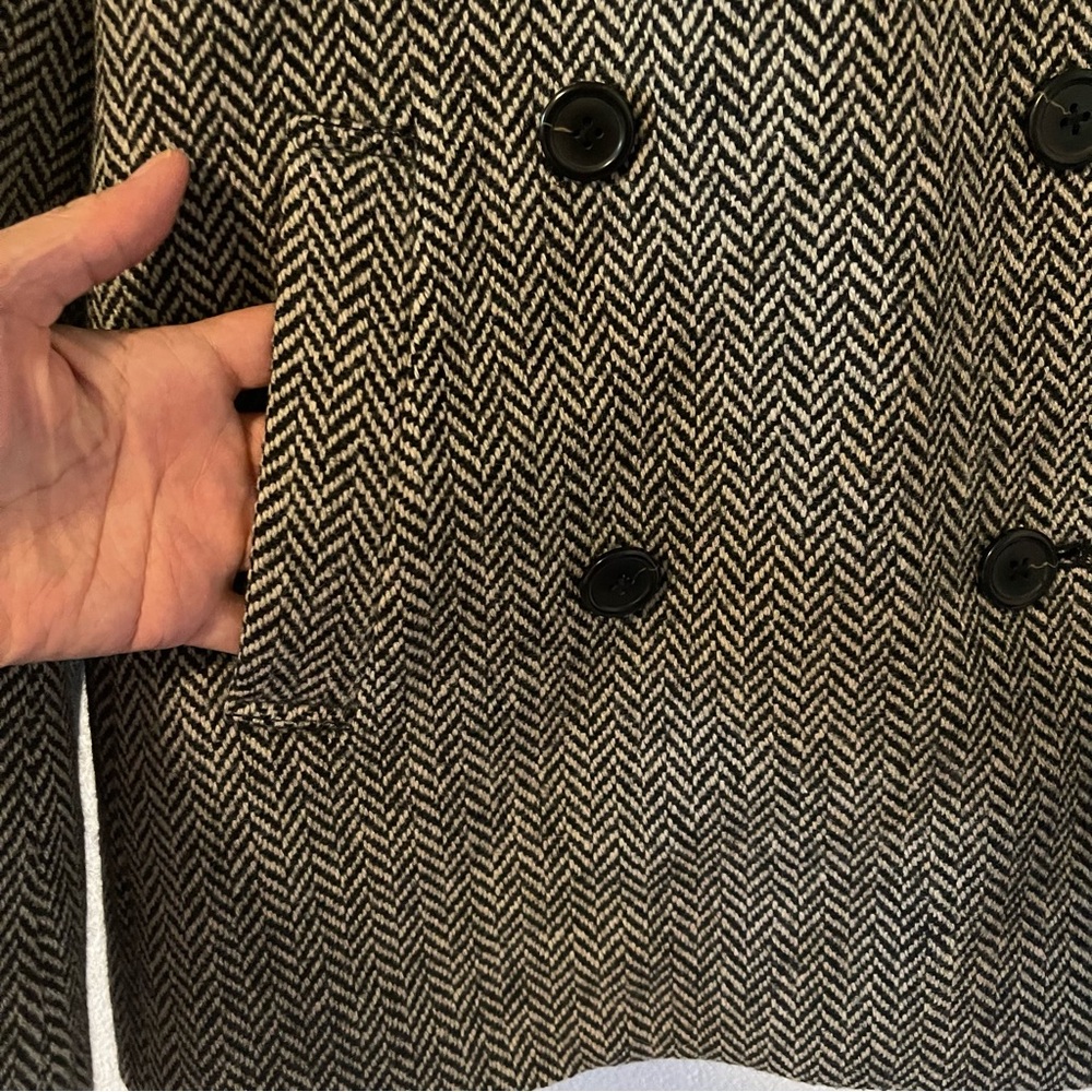 J Crew Factory Wool Herringbone Double Breasted Blazer Rear Belt Black White-M - Picture 4 of 11
